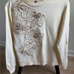 Anthropologie Pilcro Beaded Embroidered White Sweatshirt XS NWT Sequin Beige